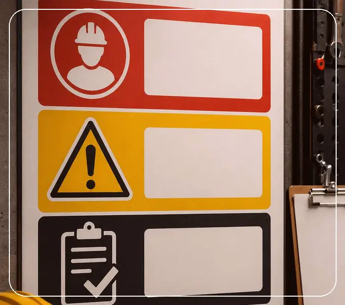 Плакат по охране труда: крупный фрагмент с подписью рядом с визуальным доказательством